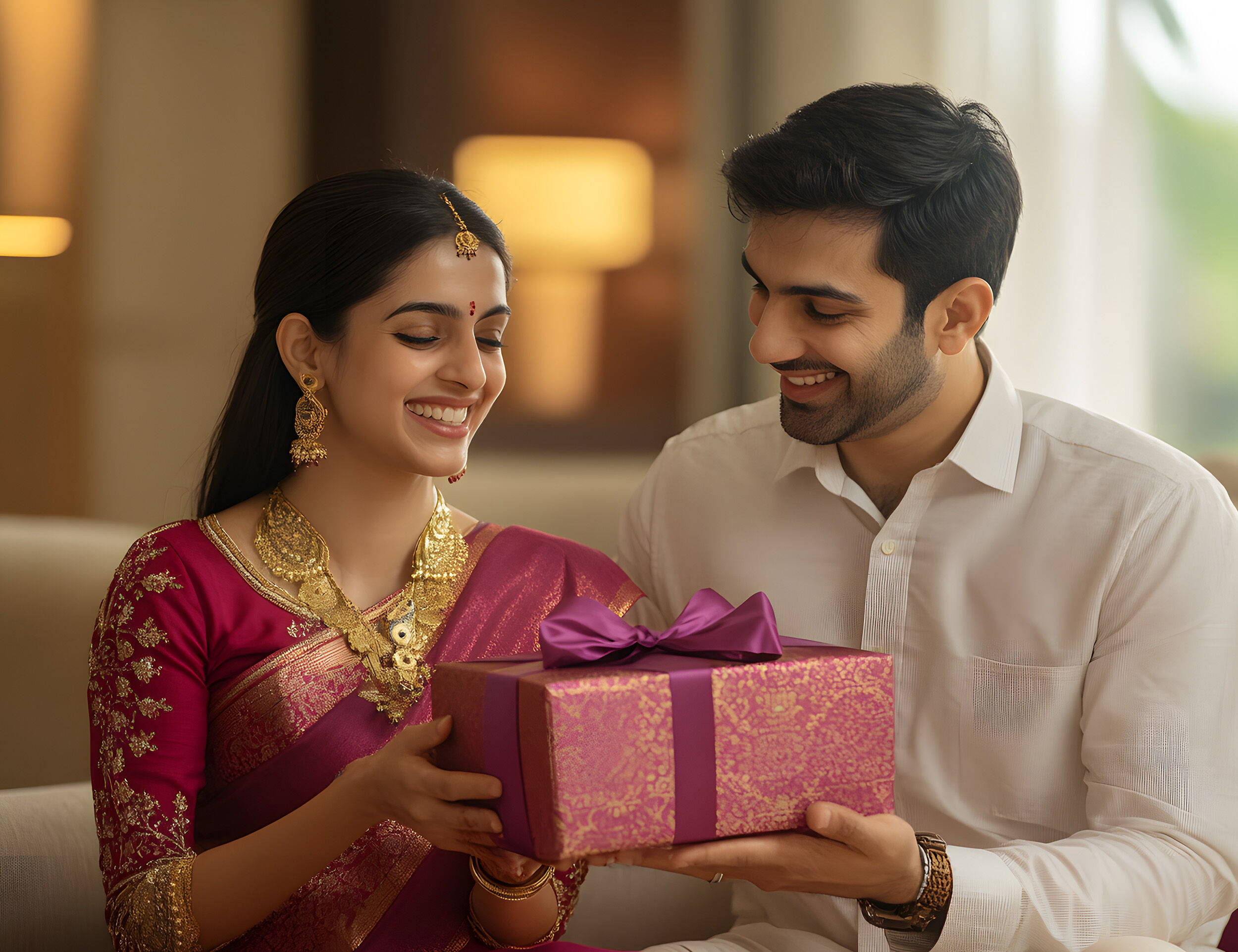Smiling Indian couple in traditional attire exchanging a beautifully wrapped gift box indoors during a festive celebration.